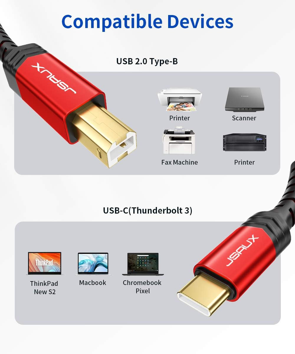 USB B to USB C Cable 10Ft, USB C Printer Cable Compatible with Macbook Pro, HP,