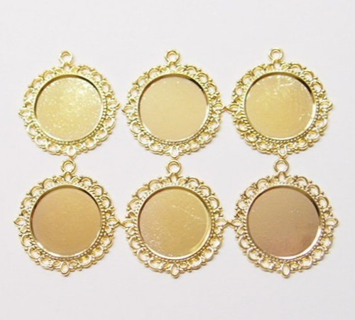 6 of 20mm Round Shiny Gold Victorian Scalloped 4 Loop Pendant Settings 35x32mm