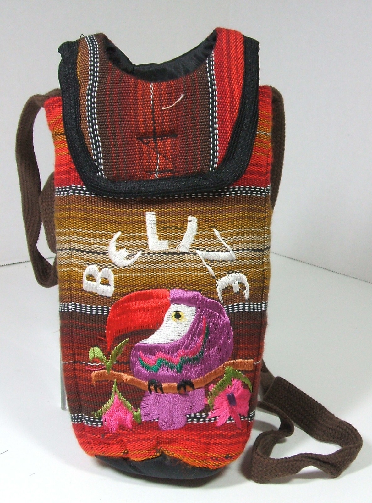 Water bottle bag Belize Hand Woven Fabric Embroidered Soft  44" Strap 2.5" Round