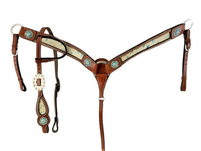 Showman Teal Acid wash Cowhide inlay One Ear headstall and breast collar set