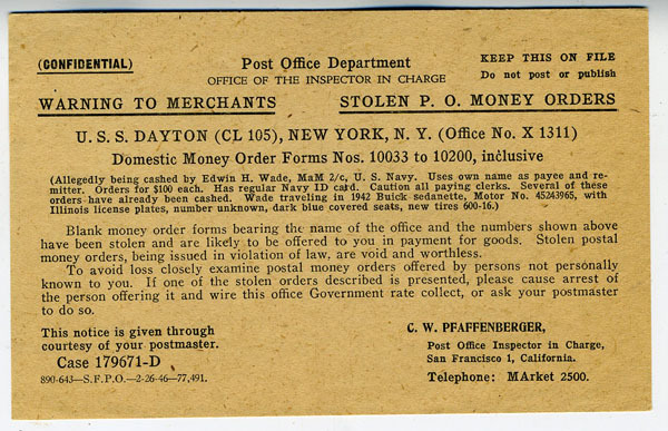 WWII Flier Ship USS Dayton Re Stolen Money Orders