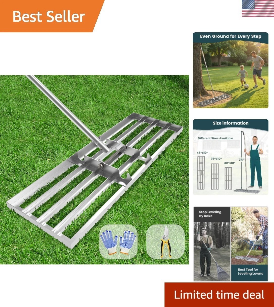 Lawn Leveling Rake 30x10 inch, Professional-Grade Lawn Leveler Tool with Stai...