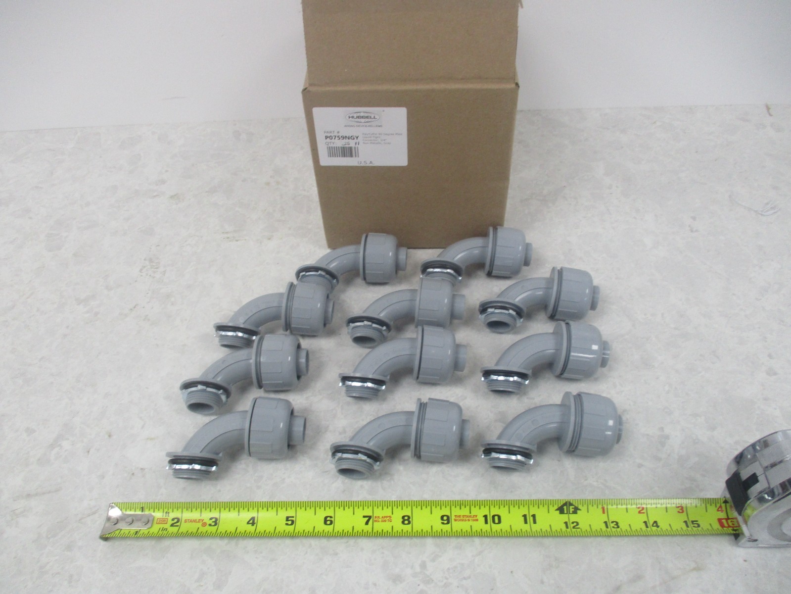 LOT OF 11 HUBBELL P0759NGY 90 DEGREE MALE CONNECTORS, 3/4", AB0346