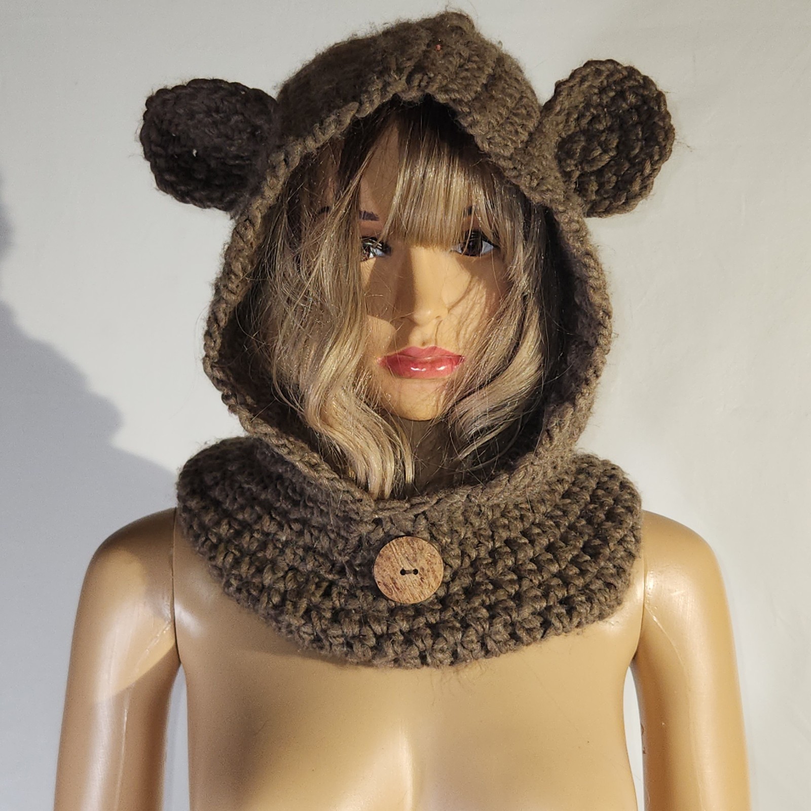 Handmade Brown Taupe Hand Knit Hat w Bear Ears Knitted Crochet Made in Detroit
