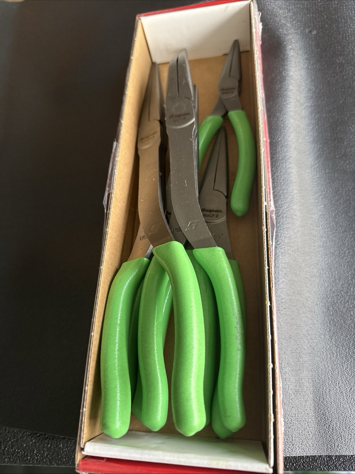 Snap On Tools NEW LONGNOSE5G 5pc Green Needle Nose Pliers Set 411CF 95ACF 911CF
