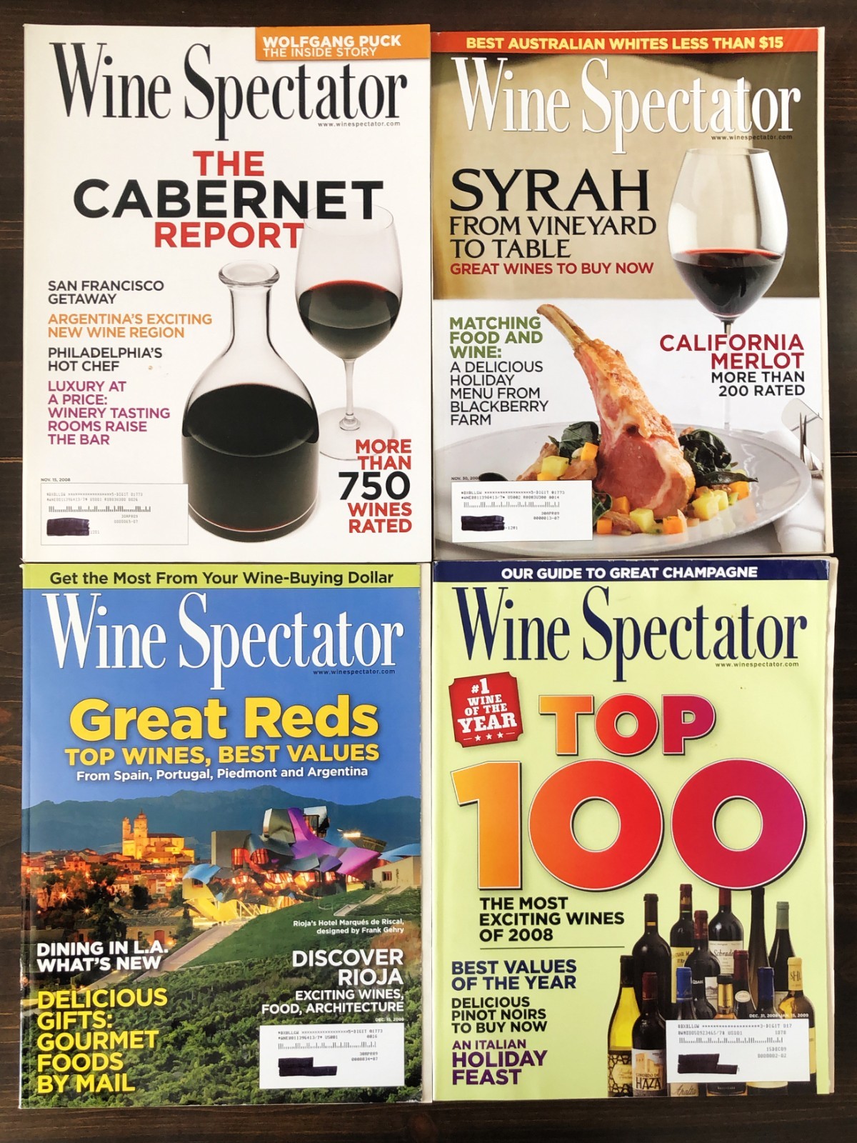 2008  Wine Spectator Magazine - Lot of 4 (Nov 15, Nov 30, Dec 15, Dec 31)