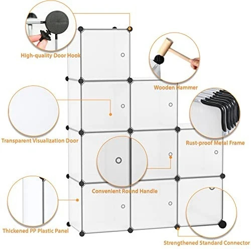 Cube Storage Organizer with Doors Shelves, Closet 6-Cube Transparent White
