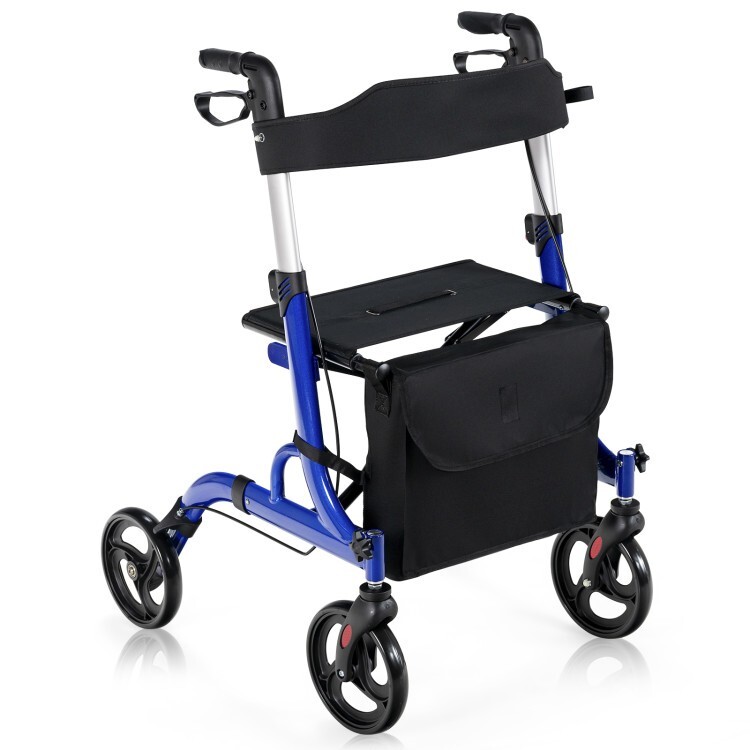 2-in-1 Folding Aluminum Rollator Walker Adjustable Handle W/ Seat 8" Wheels Blue