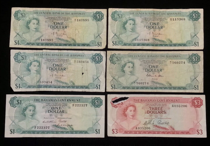 1974 $1 & 1965 $1 $3 Bahamas Government YOUNG QUEEN 6 Notes