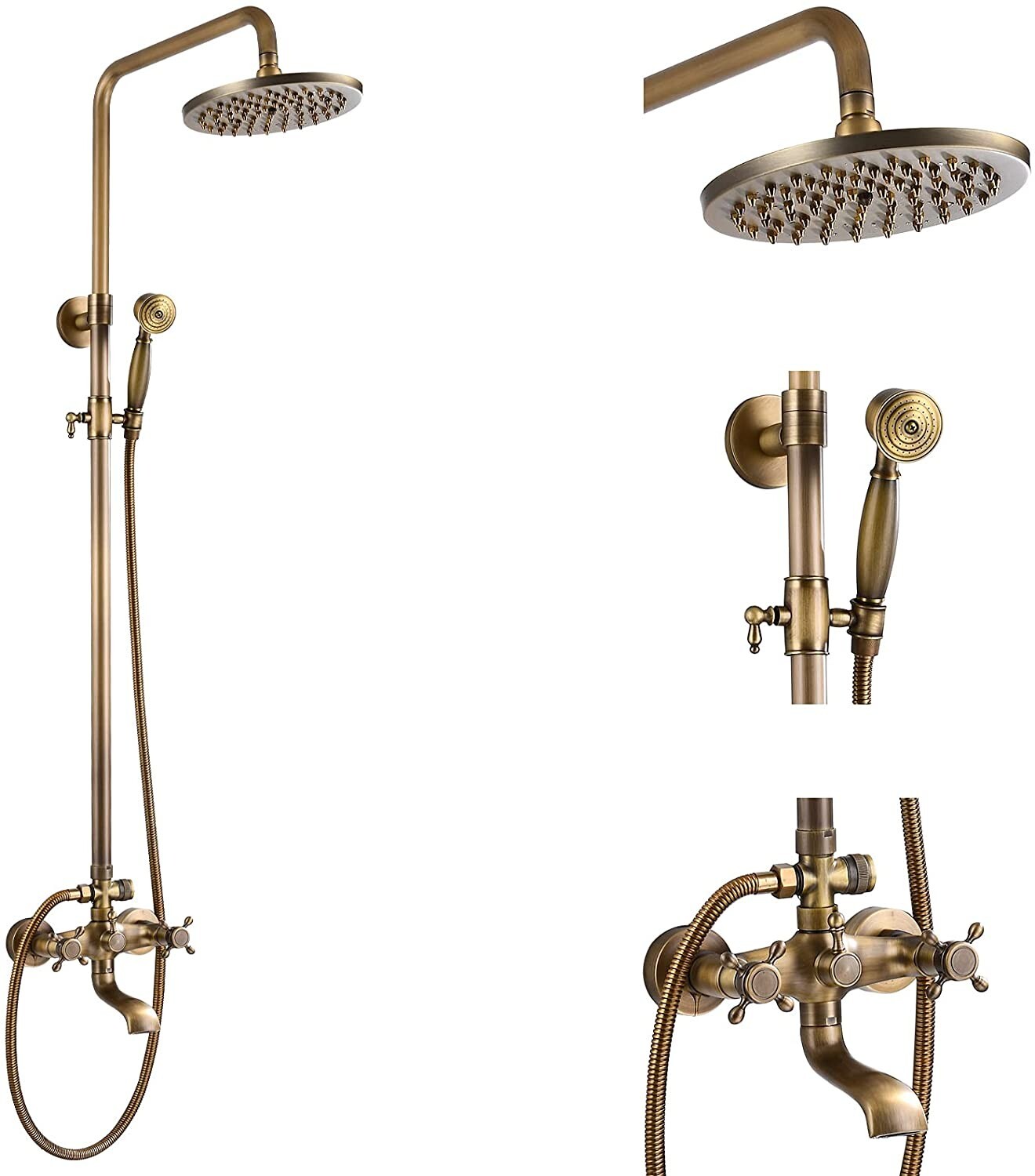 Antique Brass 8" Round Rain Shower Head Combo Exposed Shower Faucet Set System