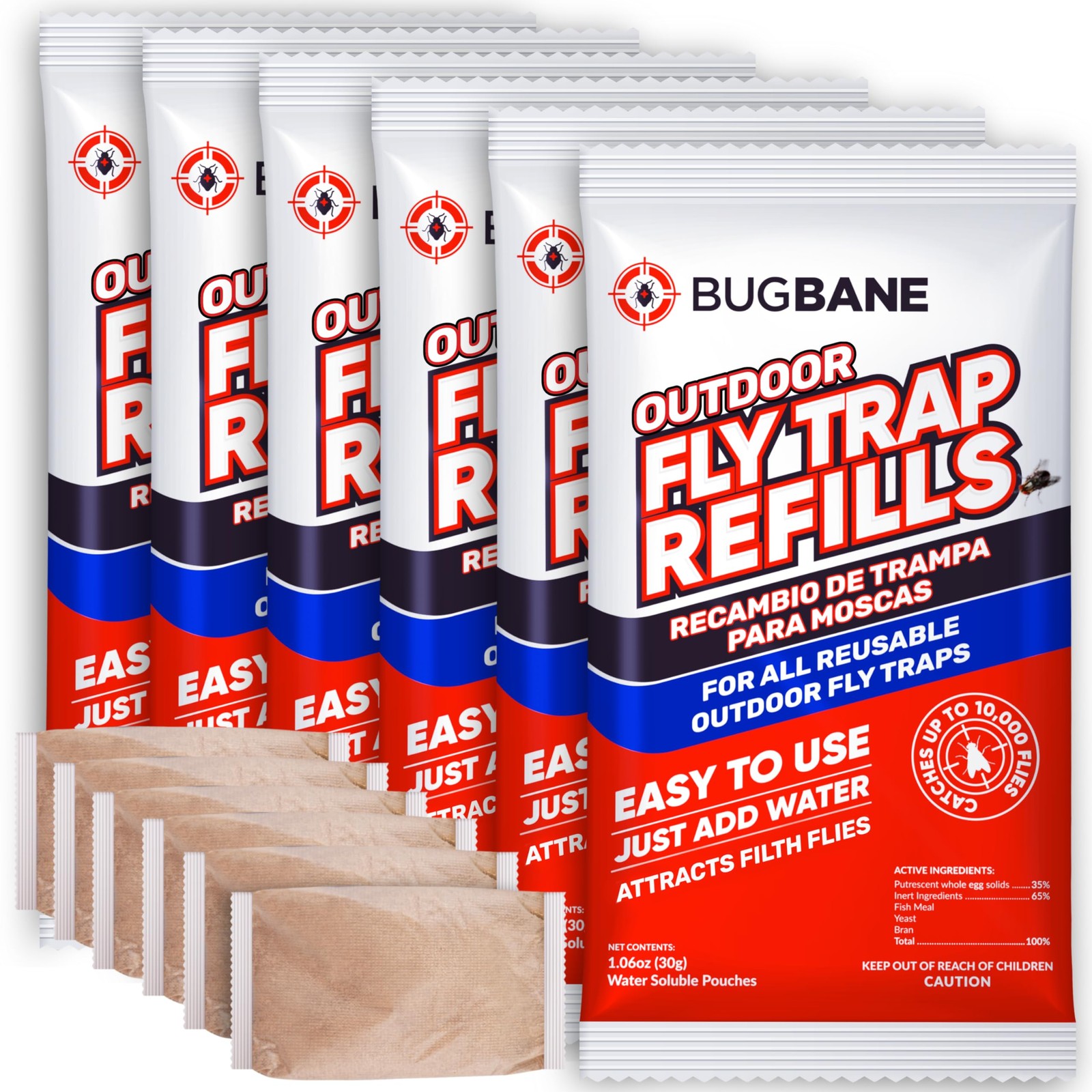 Fly Bait Trap Refill Packets 6x1oz. Non Toxic Dissolvable 6pack, Blue