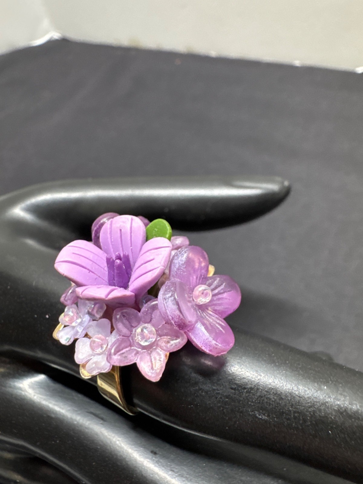 Artisan Handcrafted Purple Lilac Flower Cluster Ring Gold Adjustable Statement P