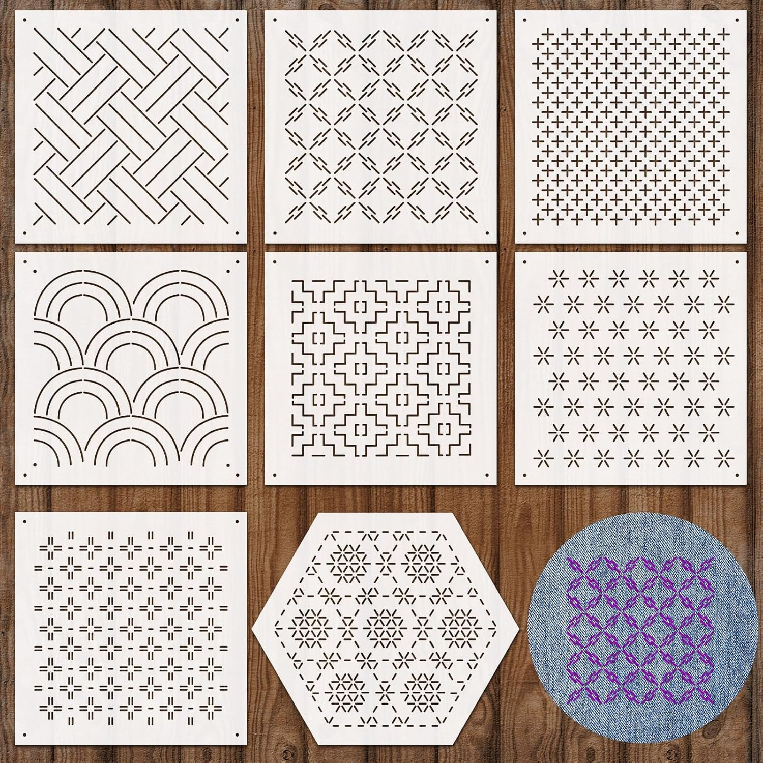 Yousoontic 8 Pcs 4.7 X 4.7 Inch Plastic Sashiko Stencil Kit Geometric Sashiko Pa