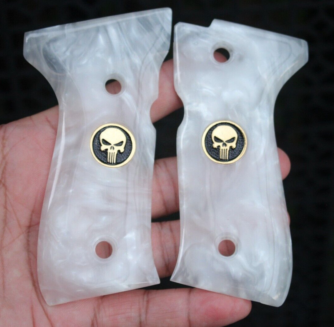 BERETTA 92 GRIPS FULL SIZE 92FS, 96, M9 FAUX PEARL PUNISHER SKULL # RANDOM GOLD
