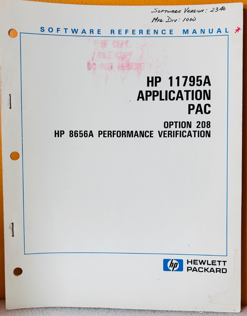 HP 11795-90003 Model 11795A Application PAC Opt 208 Software Reference Manual.