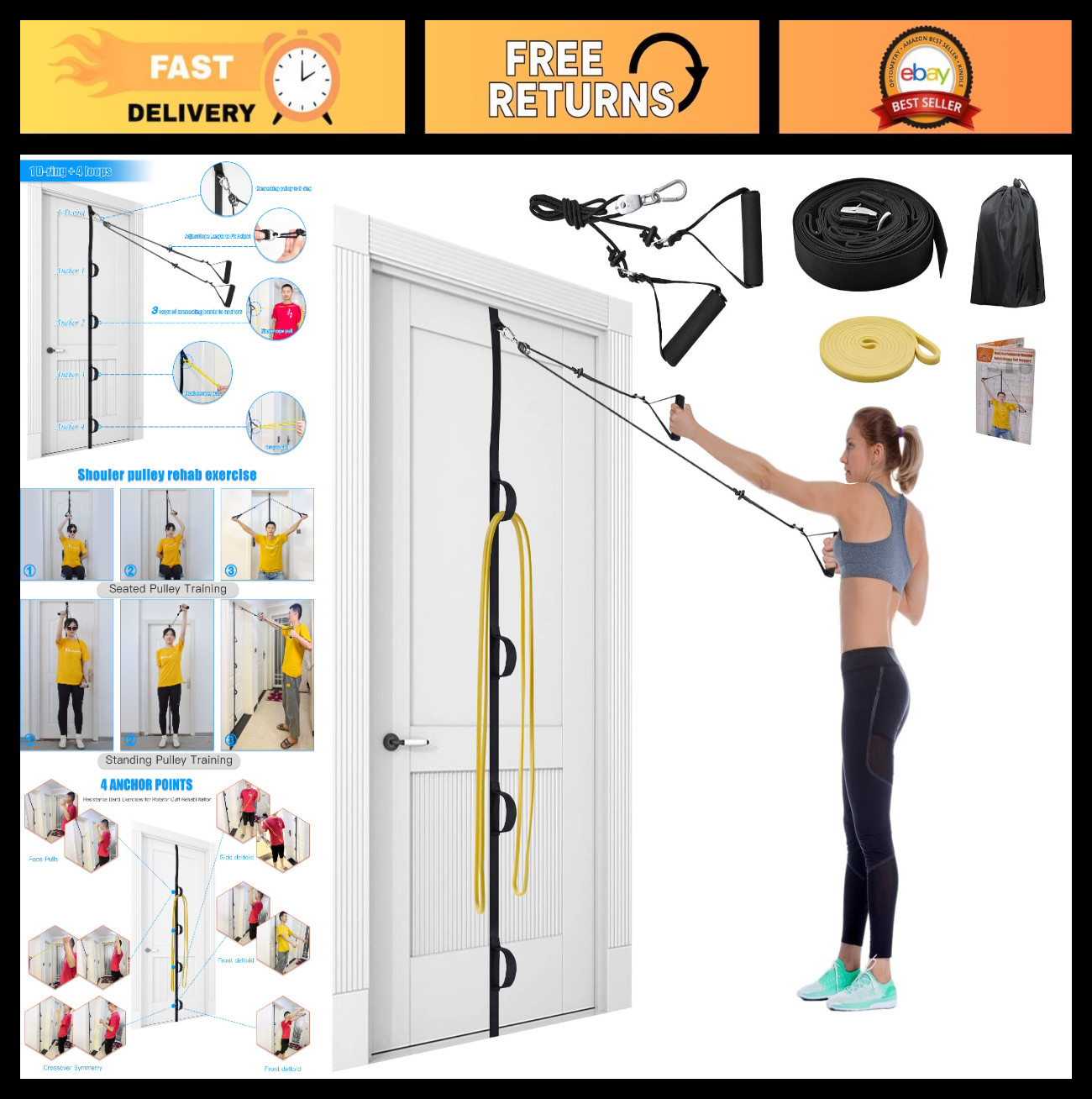 Shoulder Rehab Pulley System with Foam Handles & Multi-Anchor Strap - Physical T