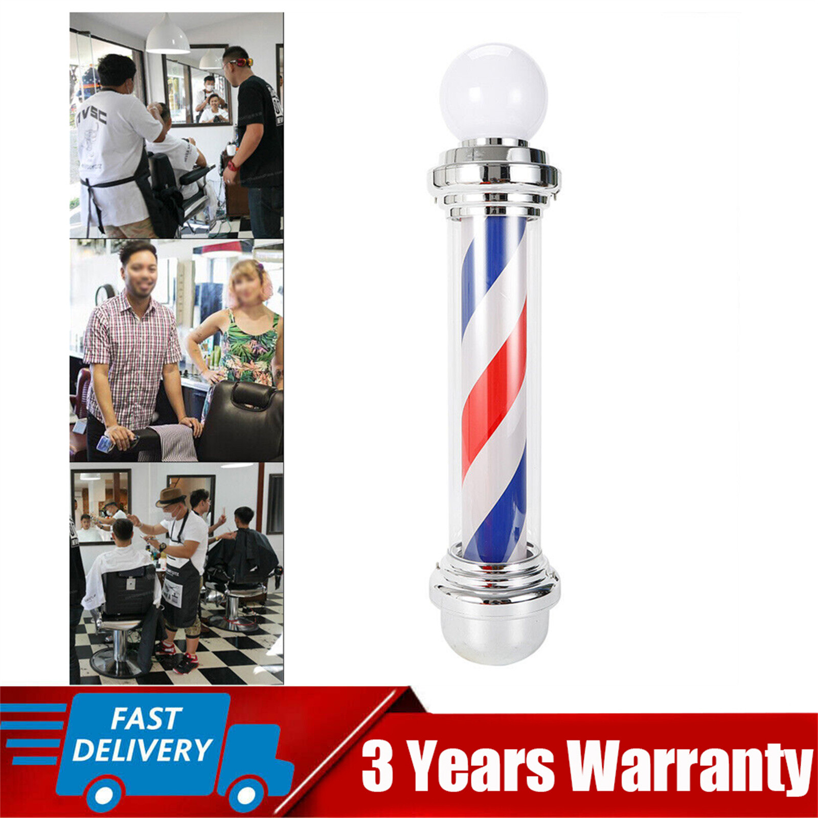 28"/32" Barber Pole Light LED Red White Blue Stripes Rotating Salon Shop Metal