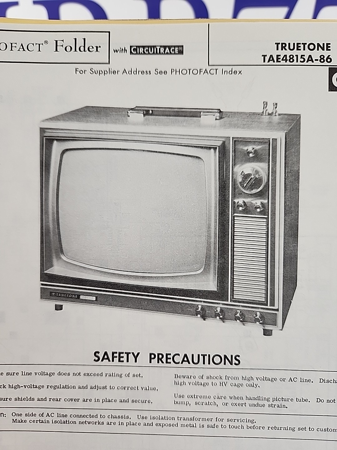 Sams Photofact Repair Service Parts Manual For Truetone TAE4815A-86