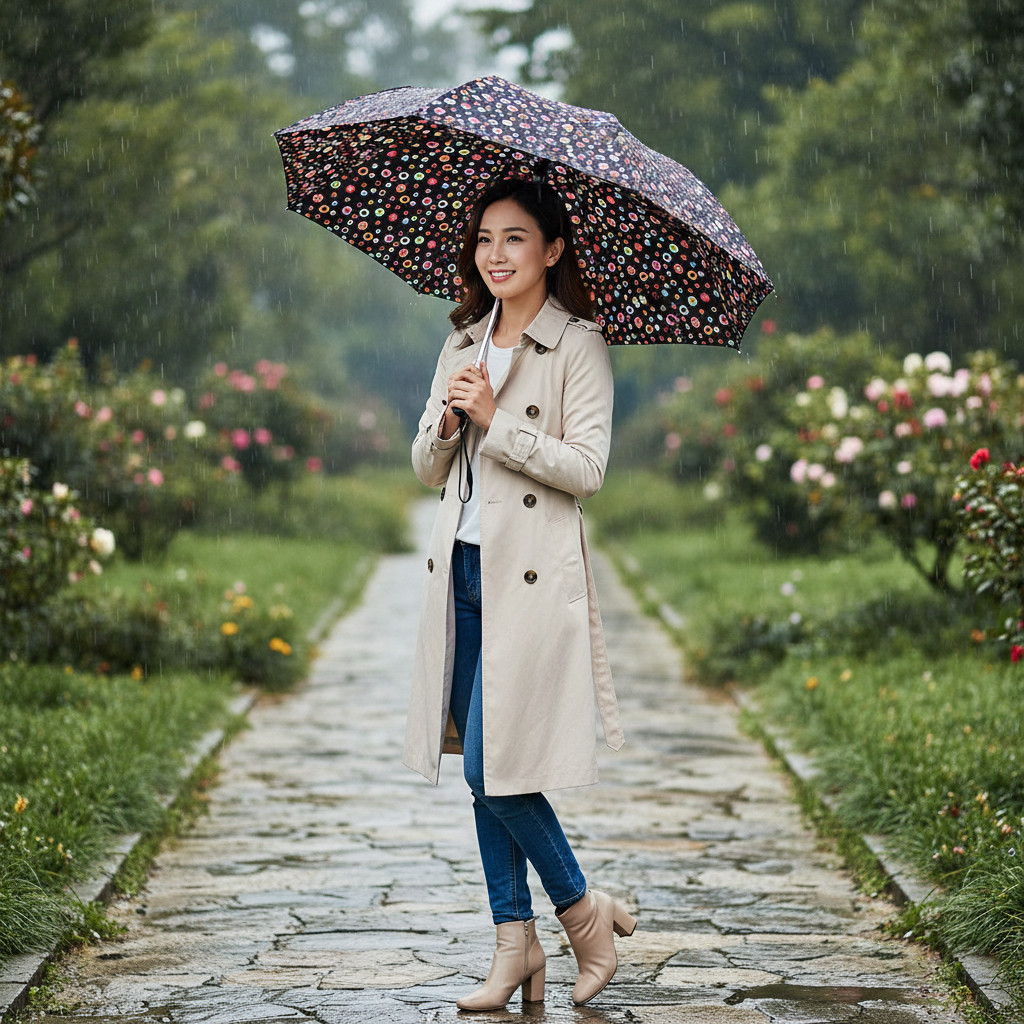 London Fog x Clipper Mist Umbrella Black Multicolor Polka Dots Compact Folding