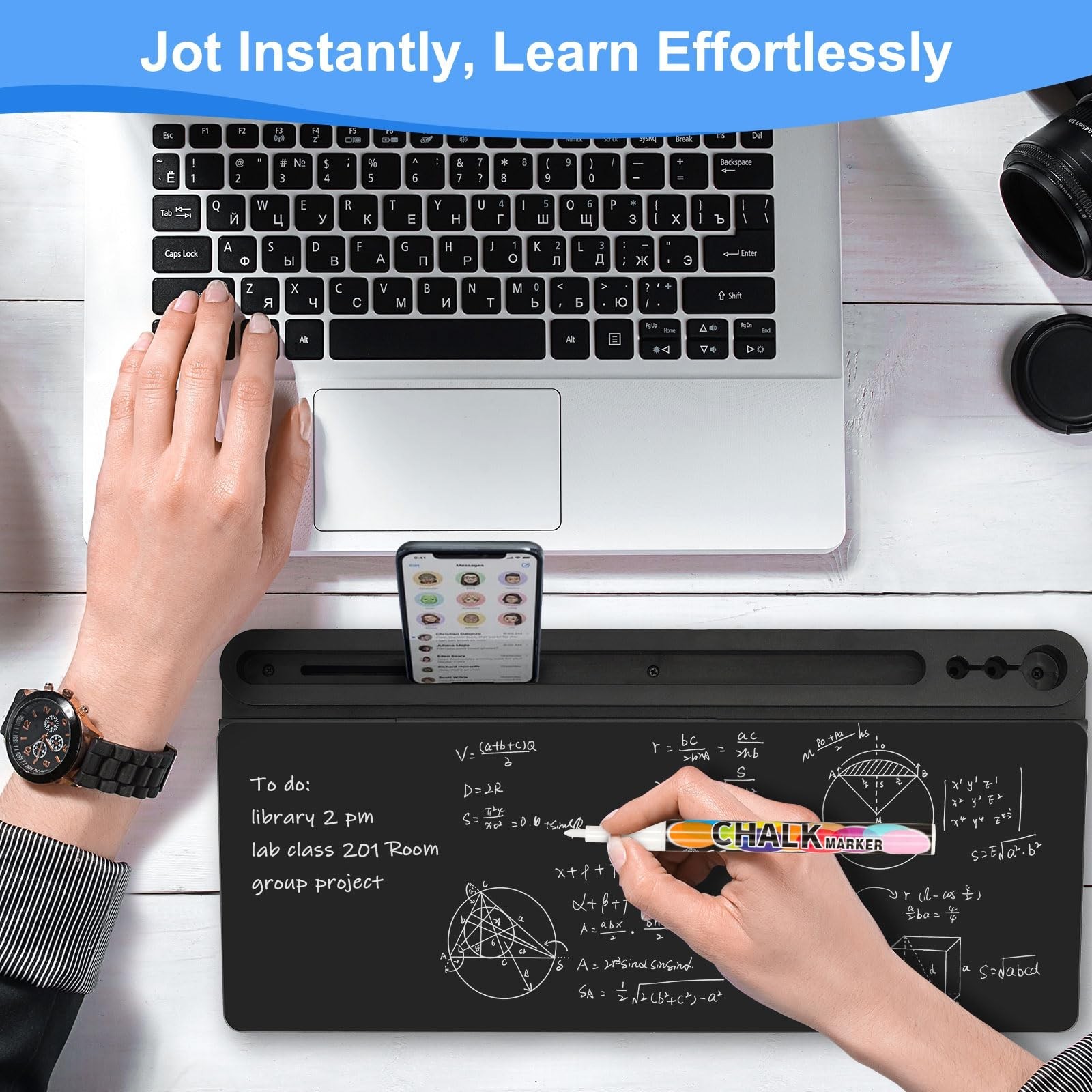 Desktop Glass Whiteboard with Storage, Desk Board with Computer Keyboard Stan...