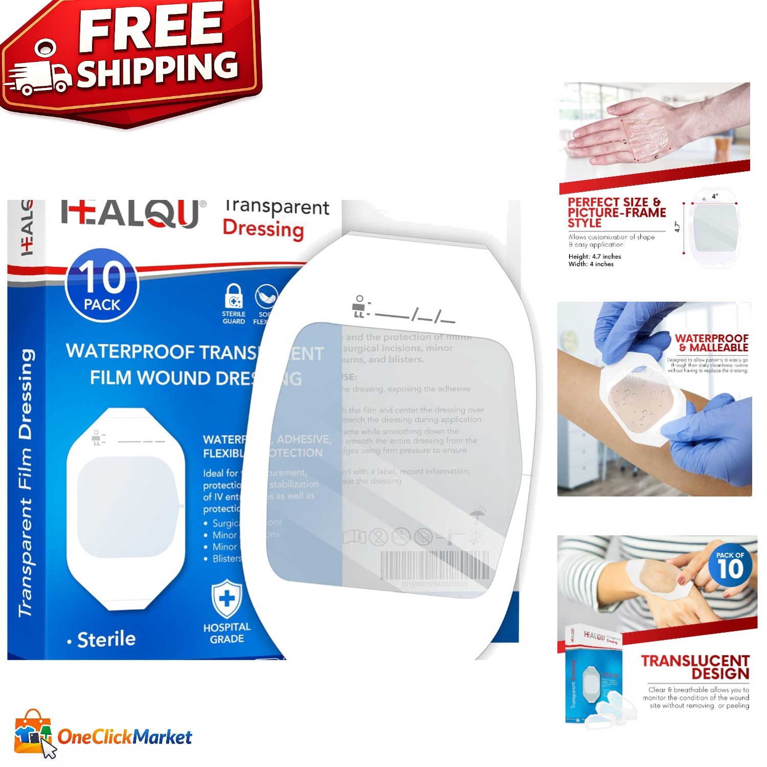 Waterproof Transparent Film Dressings 4x4.75” (10 Pack) - Ideal for Wound Care
