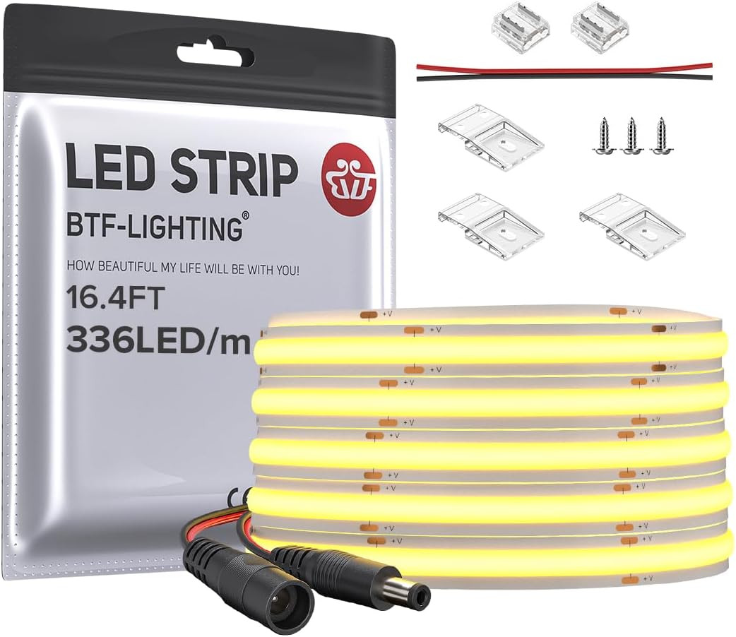 BTF-LIGHTING FCOB COB LED Strip 16.4FT DC12V 336LED/m, Warm White 2700K IP30