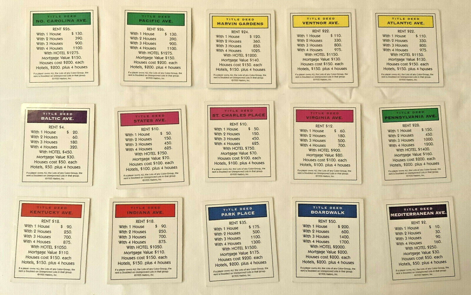 Regular Monopoly Board Game INDIVIDUAL REPLACEMENT Title Deed Cards, Hasbro