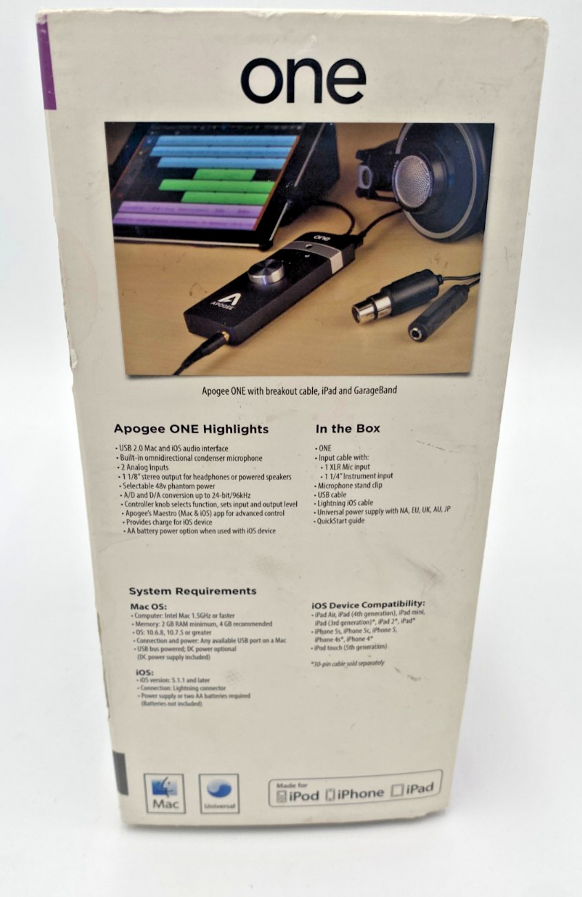 Apogee one for iPad, iPhone, and Mac Microphone,2 IN x 2 OUT Audio Interface