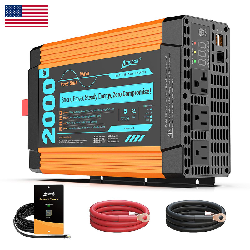 Ampeak Pure Sine Wave Inverter 2000 Watt - 6000W Surge 12V Dc To 110V Ac