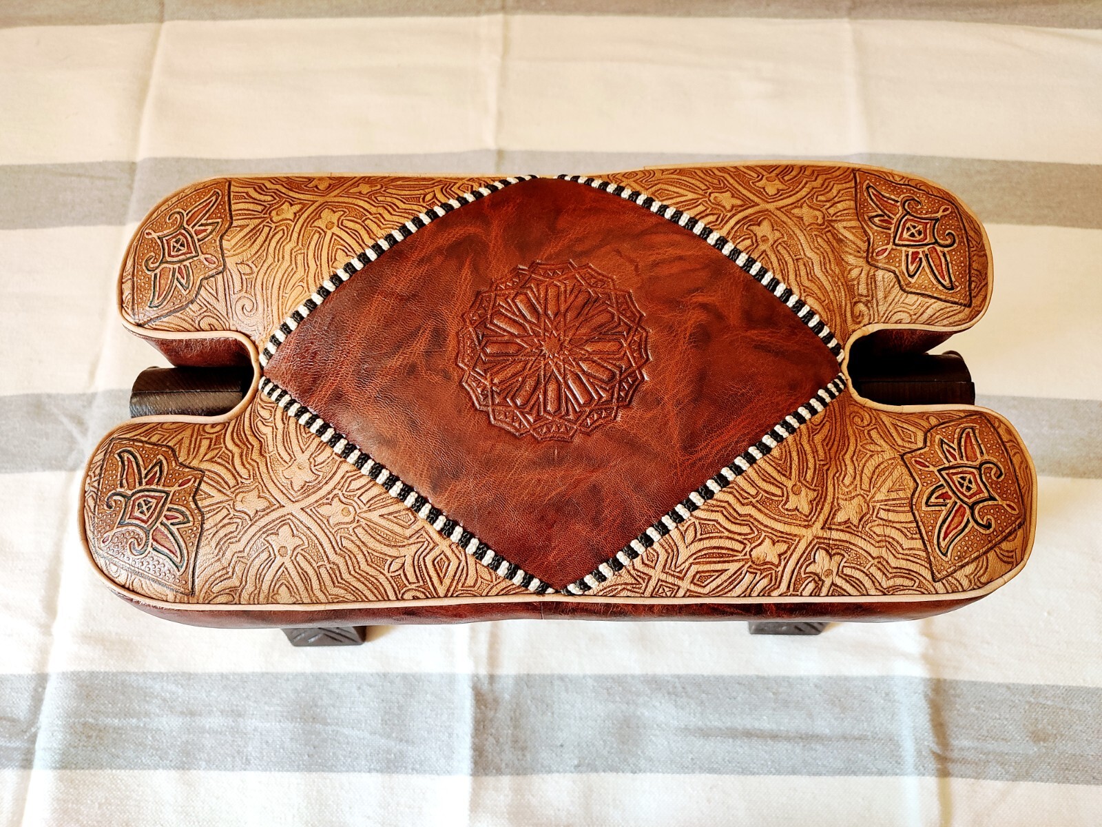 Camel Saddle Stool, Wooden Saddle Stool With Genuine Leather Pad.