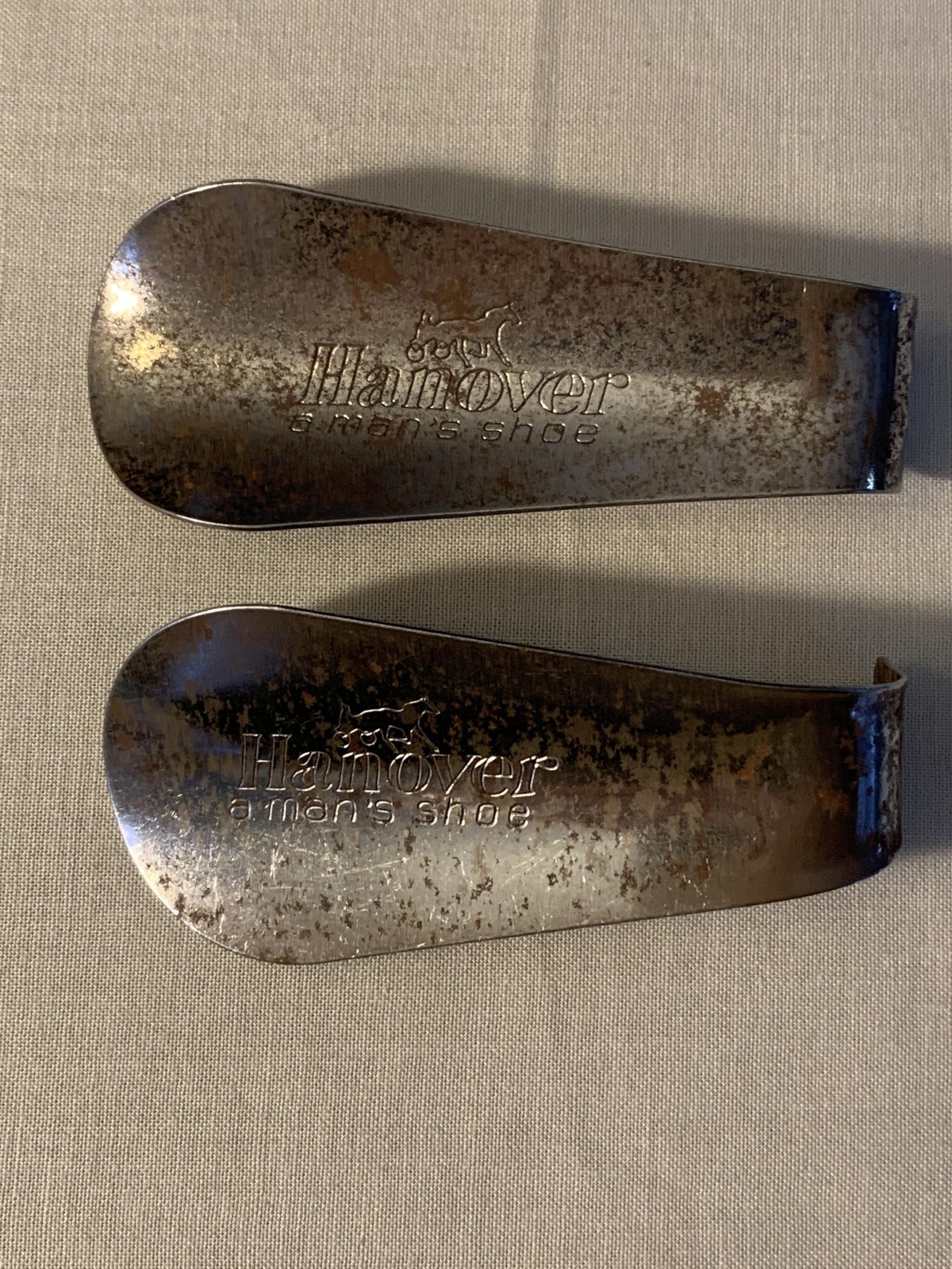 Vintage Hanover A Man's Shoe Metal Shoehorn Lot Chrome Advertising Pair VTG