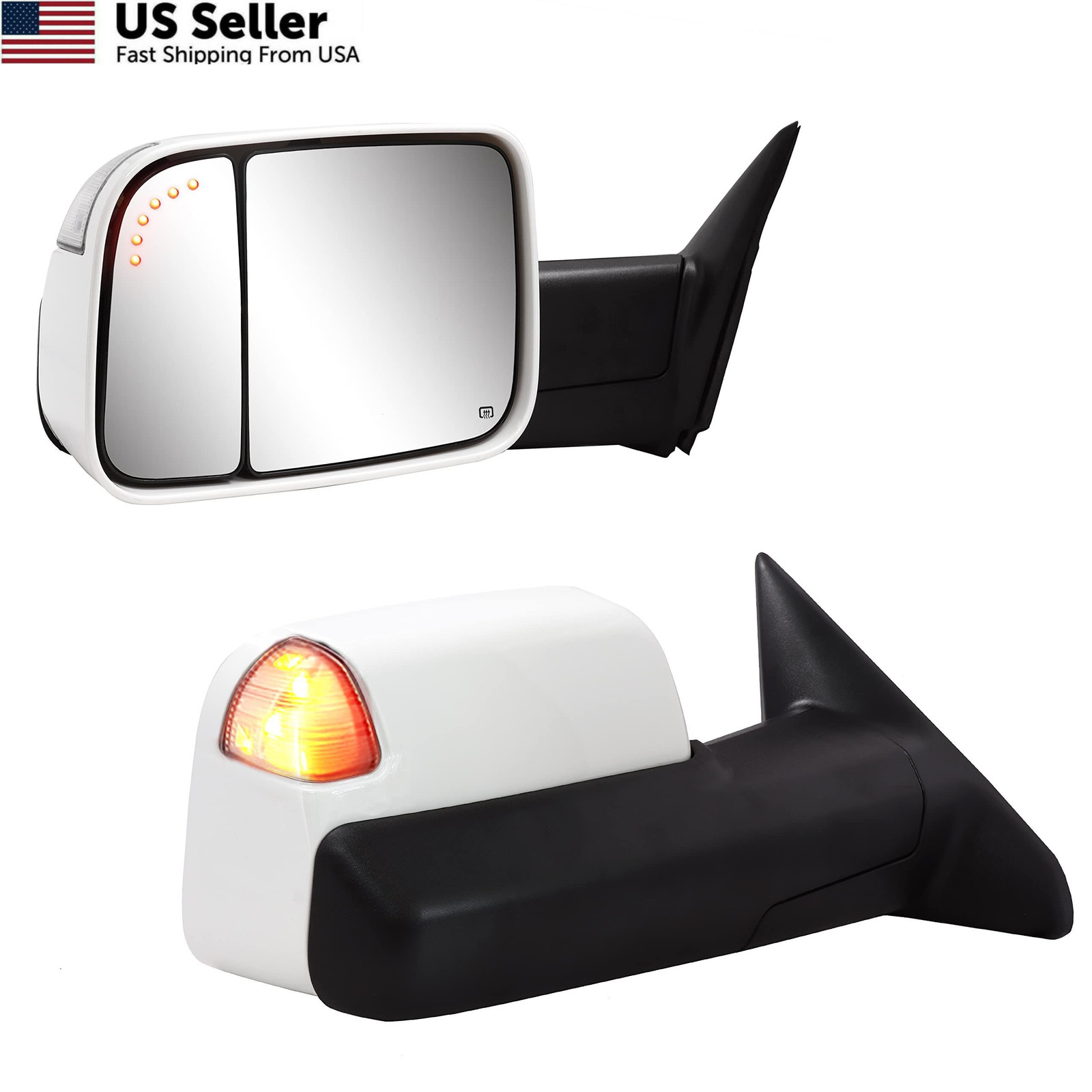 White Towing Mirrors for 2009-2018 Dodge Ram 1500 2500 3500 Power Heated LED USA