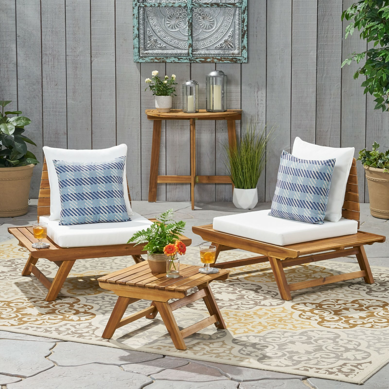 Kaiya Outdoor 2 Seater Acacia Wood Club Chairs and Side Table Set