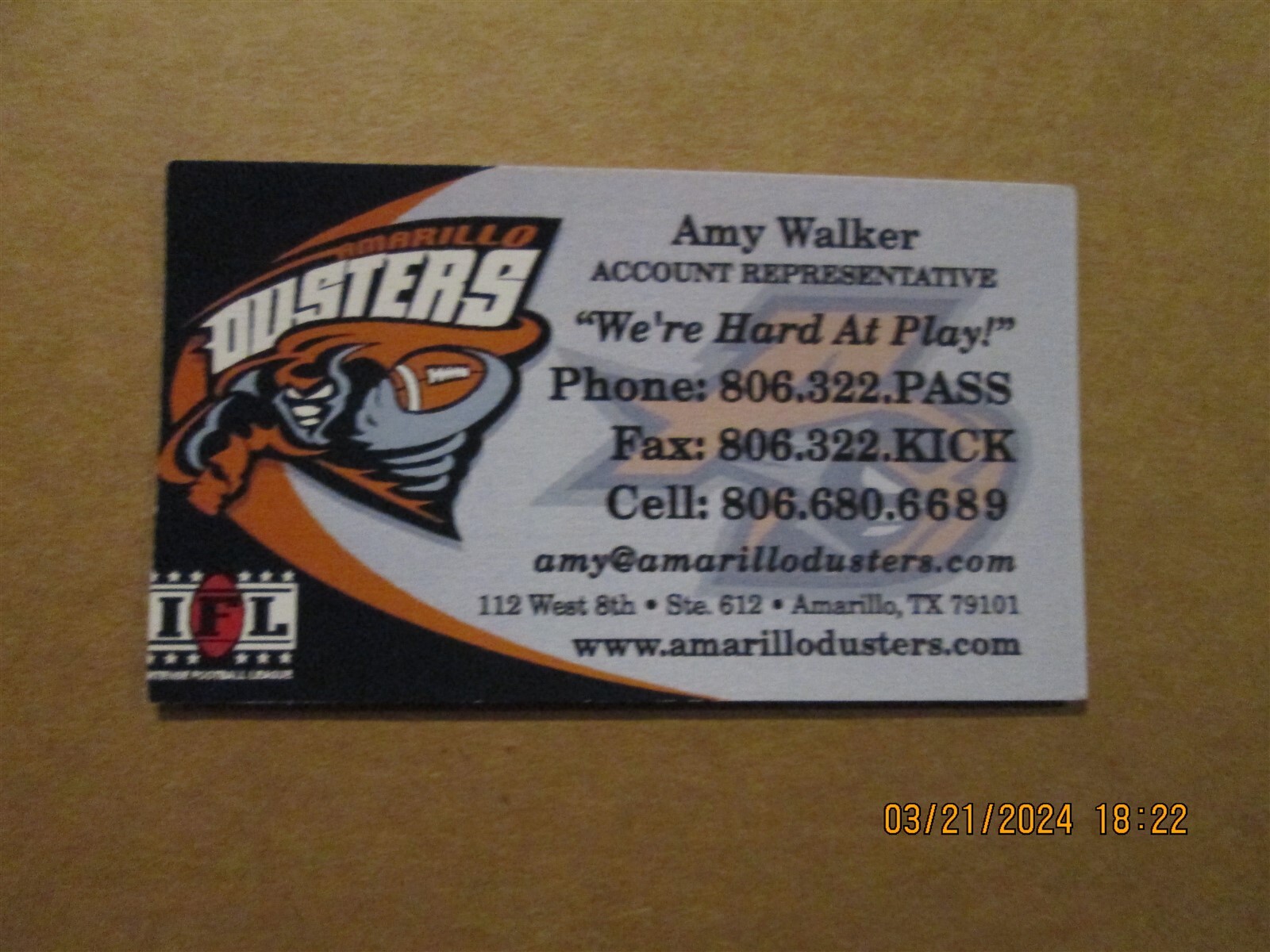 IFL Amarillo Dusters Vintage Defunct Circa 2004 Team Logo Football Business Card