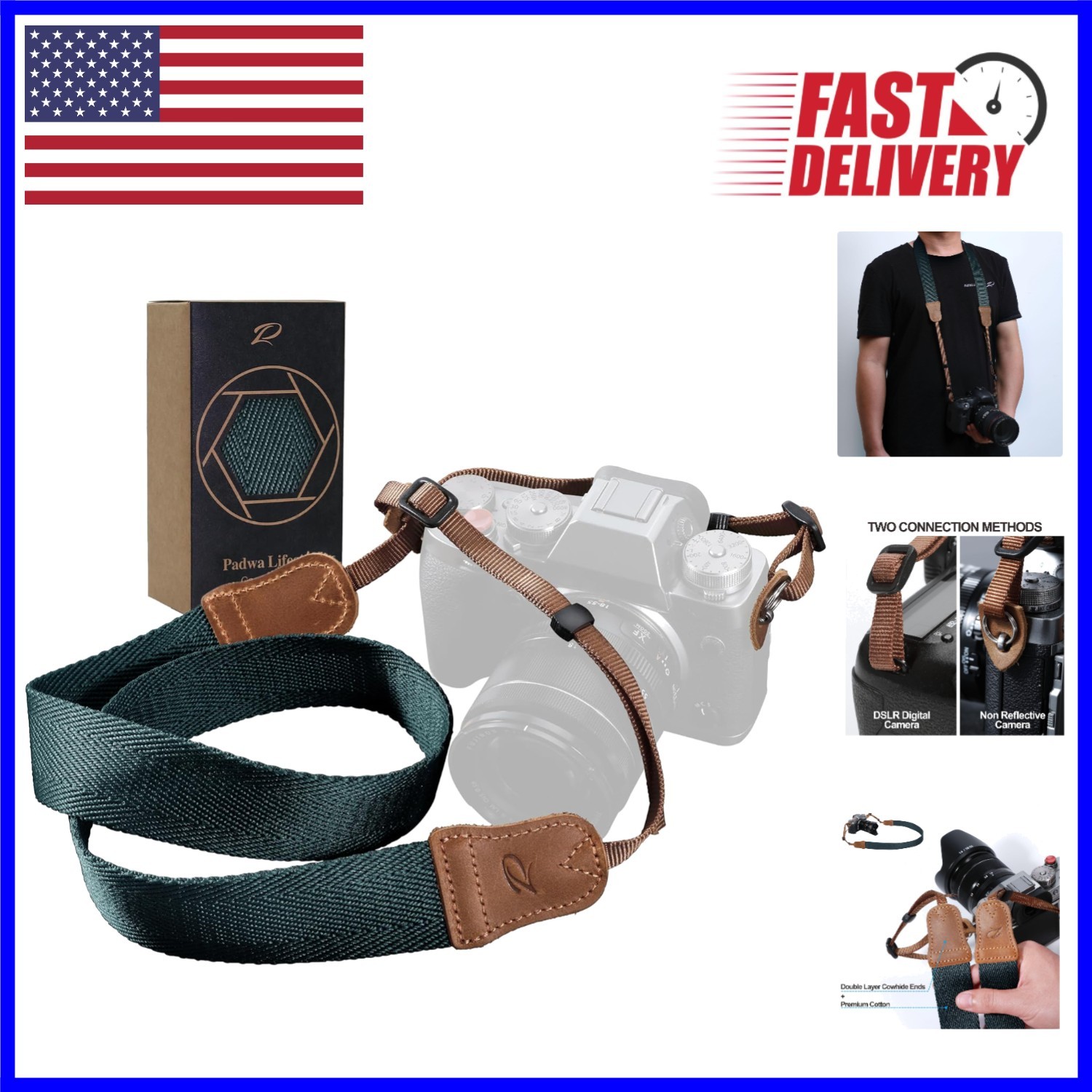 Comfortable Adjustable Photographer's Camera Strap - Dark Blue Green Retro Style