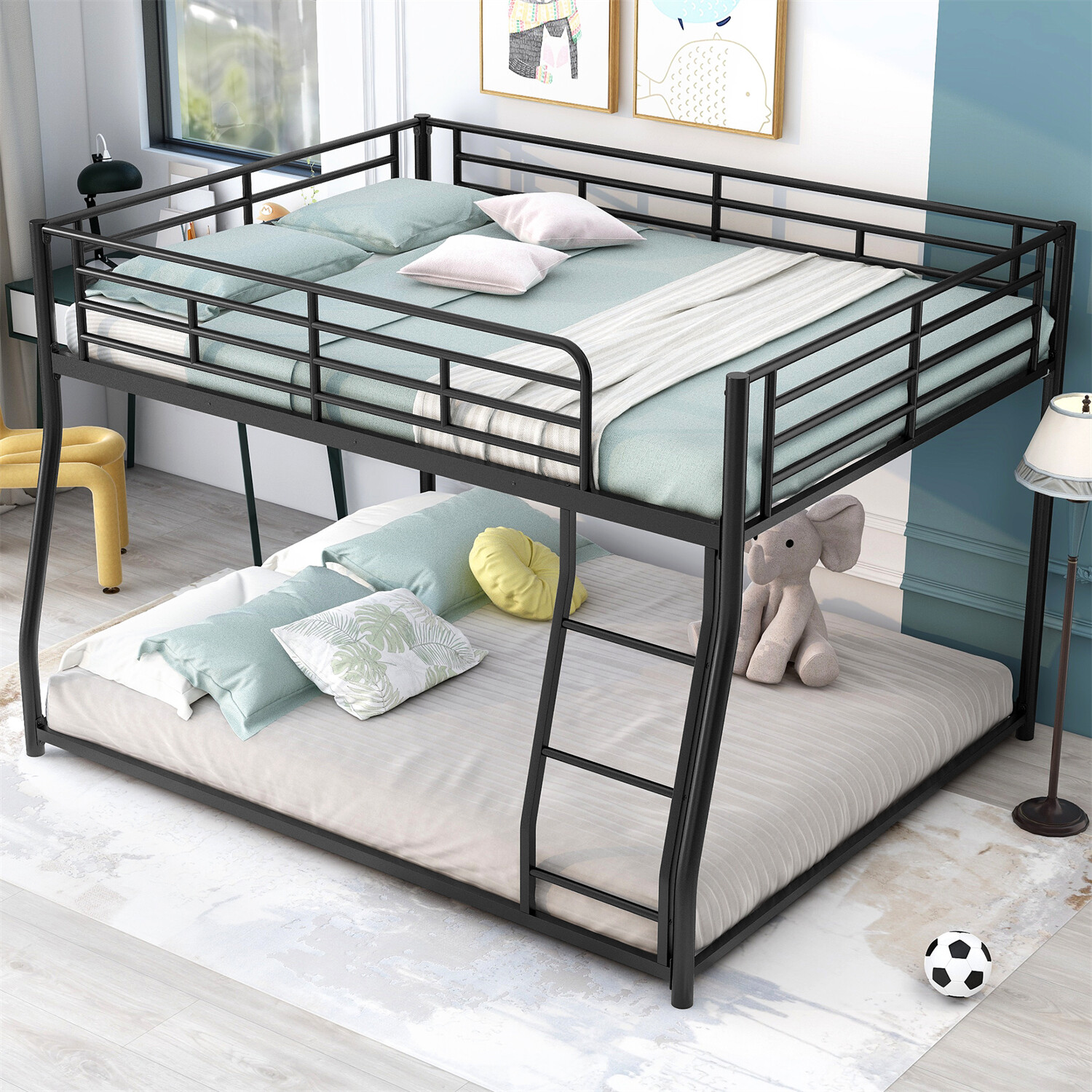 Full XL Over Queen Bunk Bed Heavy Duty Metal Floor Bunk Bed Frame with Ladder