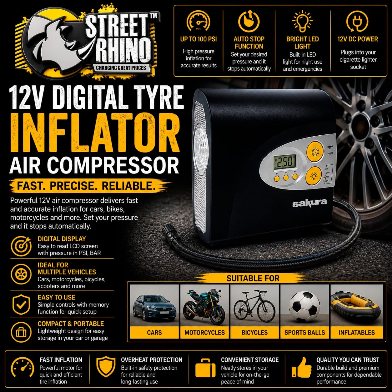 12V Digital Tyre Inflator Air Compressor 100 PSI For Chevrolet Corvette