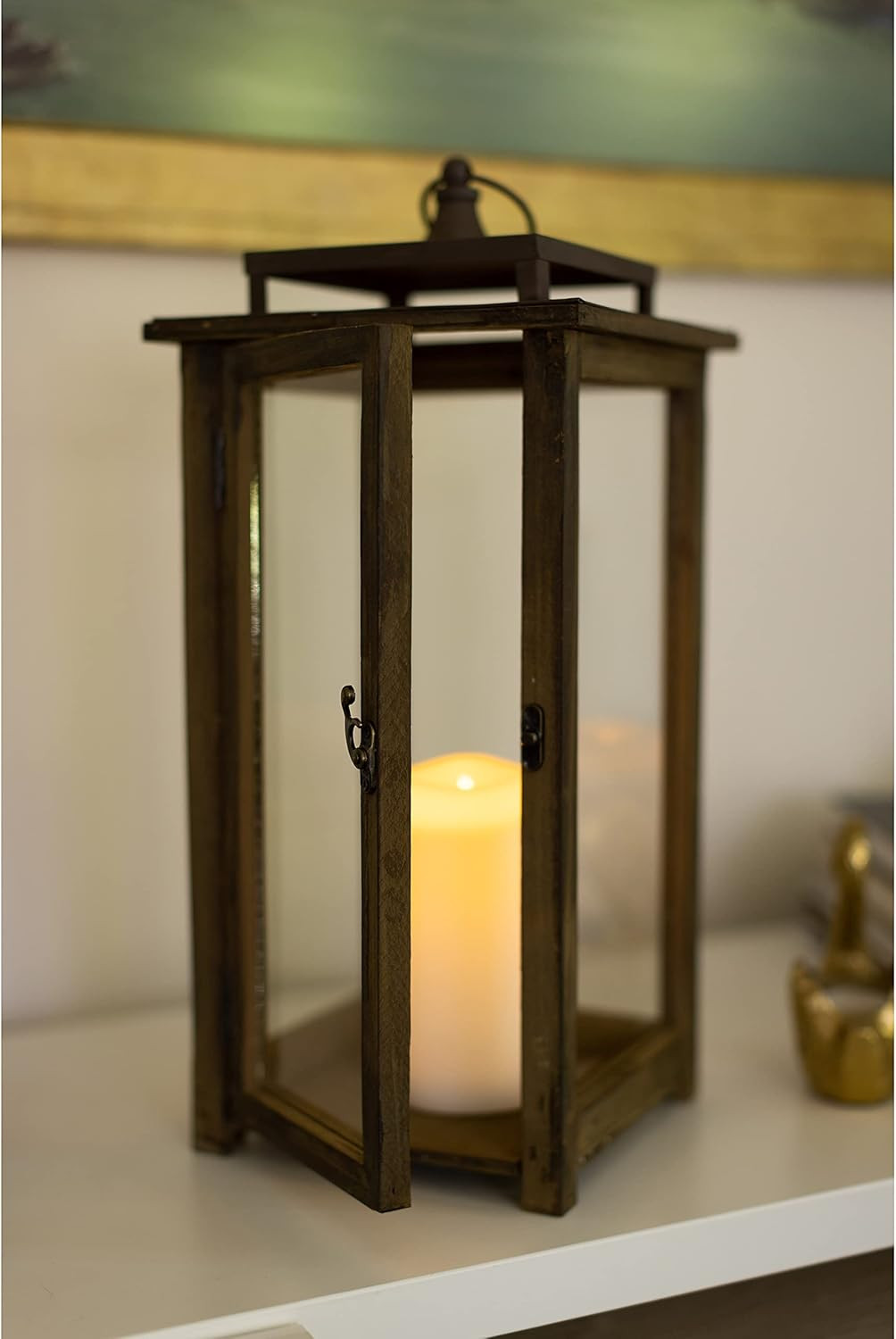 18 Inch Rustic Wooden Candle Hurricane Lantern, for Table Top, Mantle, Wall H...