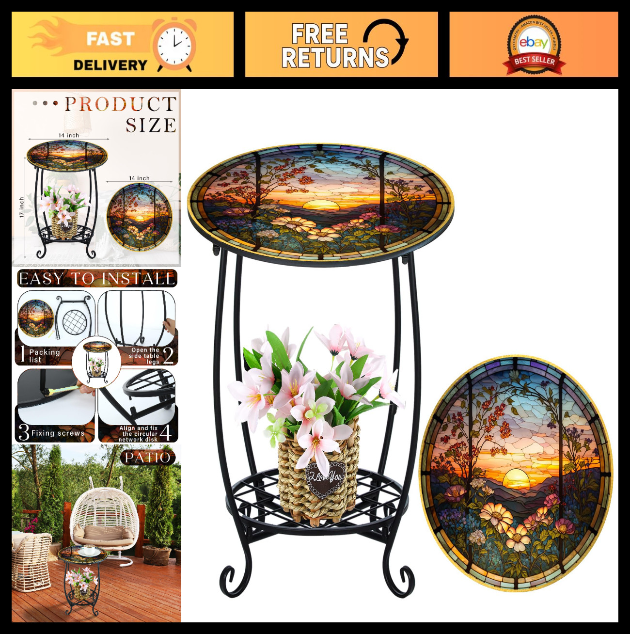 Round Mosaic Outdoor Side Table - Small Accent Table for Patio, Garden, Indoor U