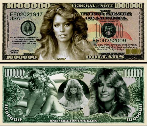 Farrah Fawcett Million Dollar Bill Play Funny Money Novelty Note + FREE SLEEVE