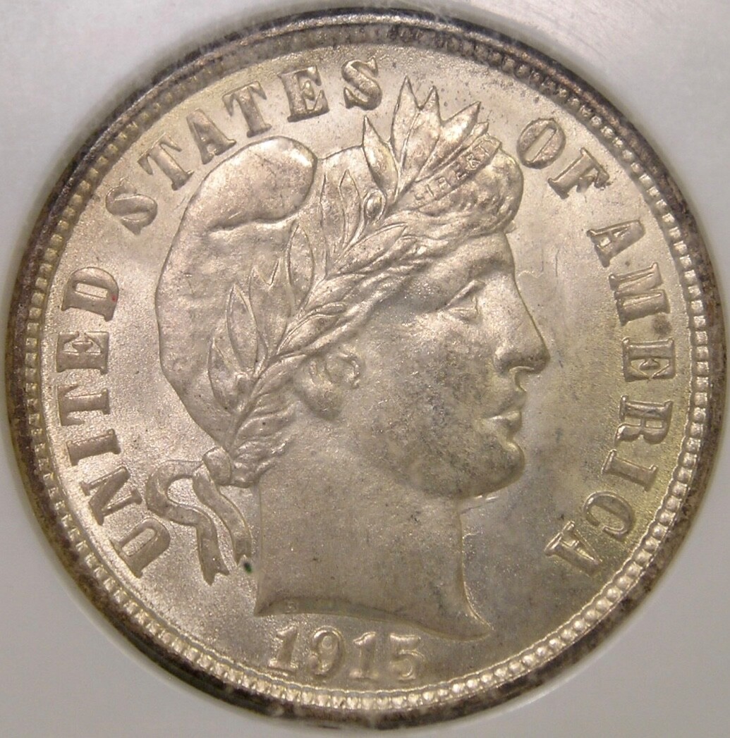 1915 BARBER LIBERTY HEAD SILVER DIME GORGEOUS SCARCE UNCIRCULATED GEM+ NGC MS 65