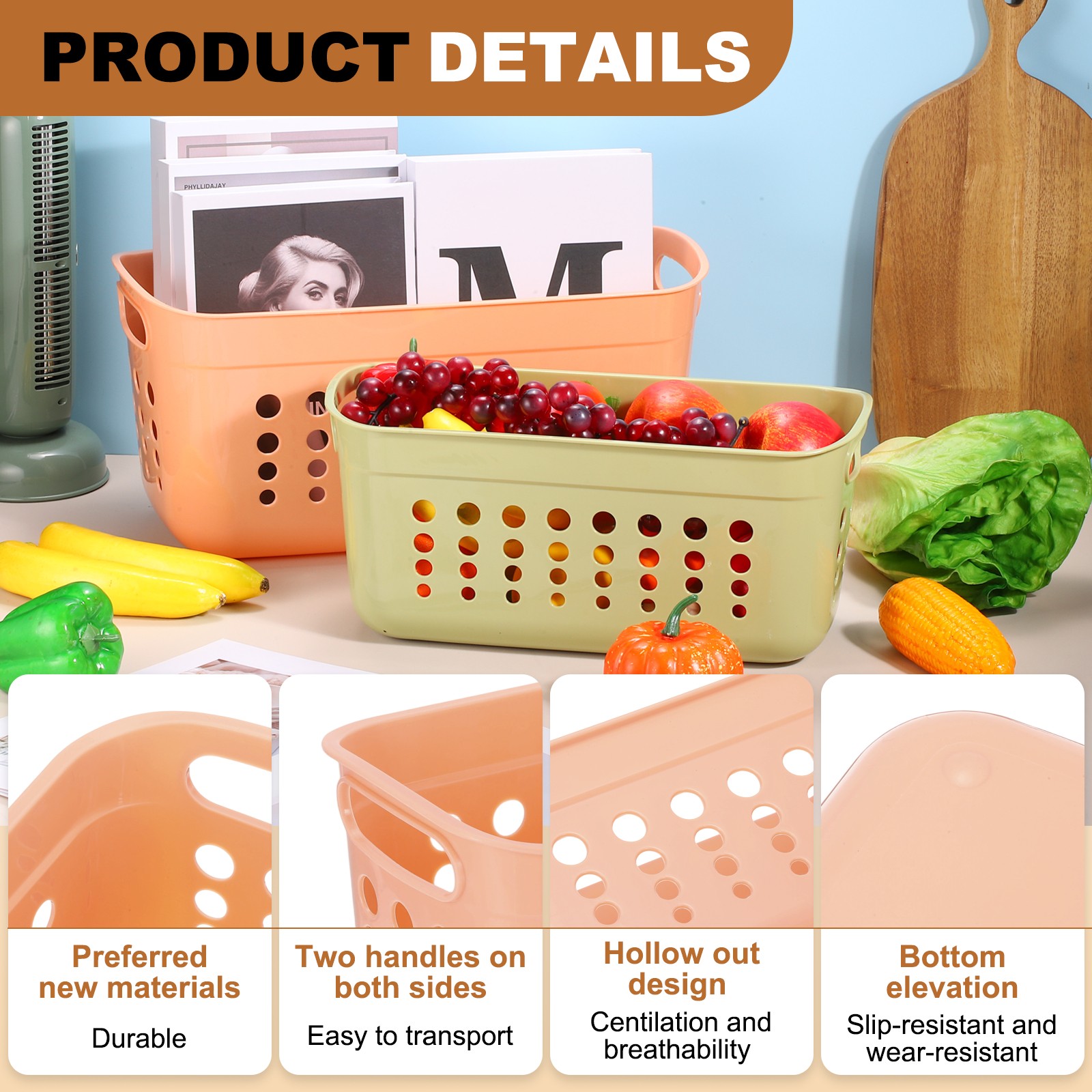 2Pack 15.55x7.87x7.6" Pantry Plastic Storage Baskets Orange