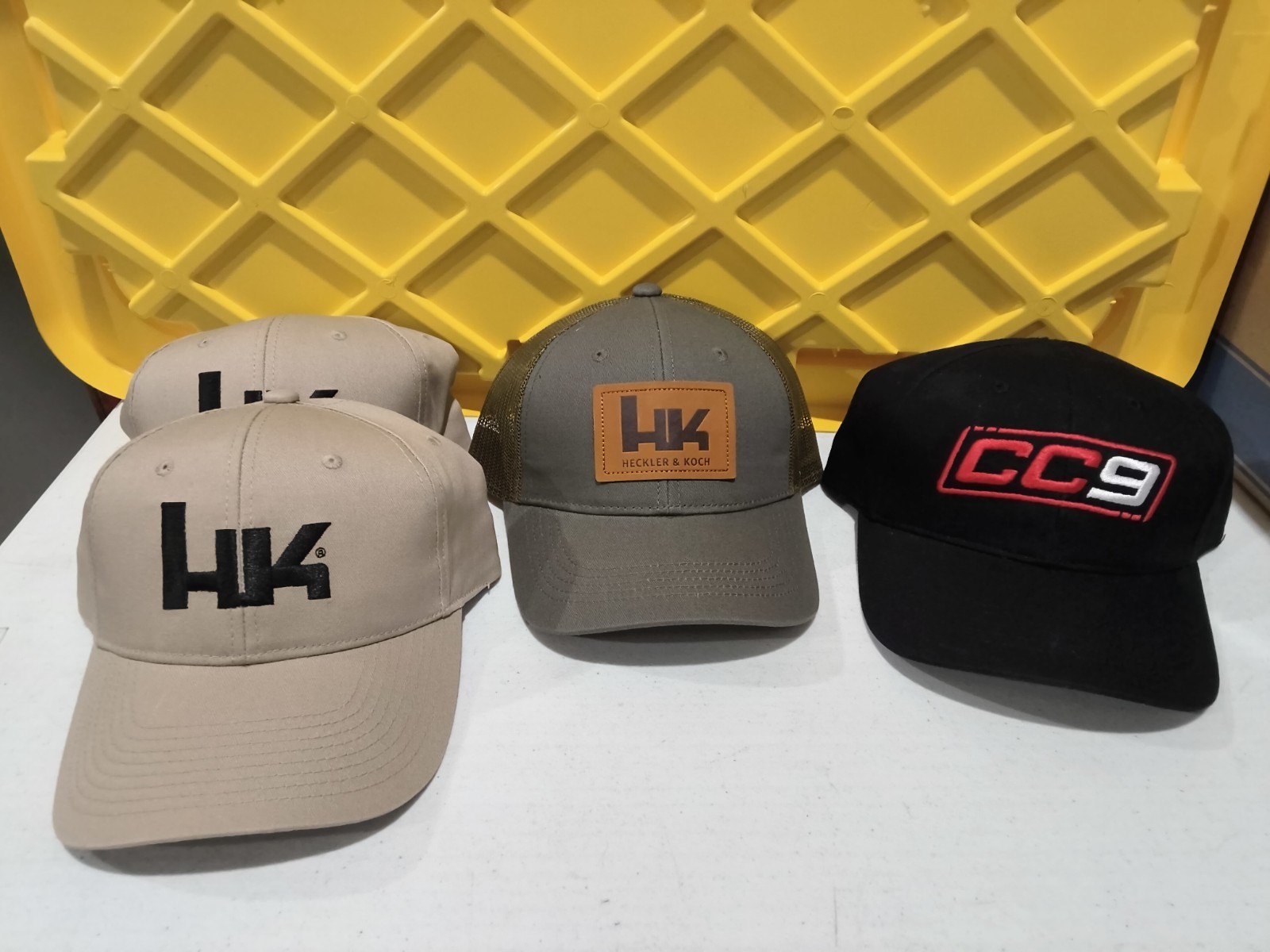 Lot of (4) NWOT HK Heckler & Koch Adjustable Hats, Black, Gray/Green, Khaki