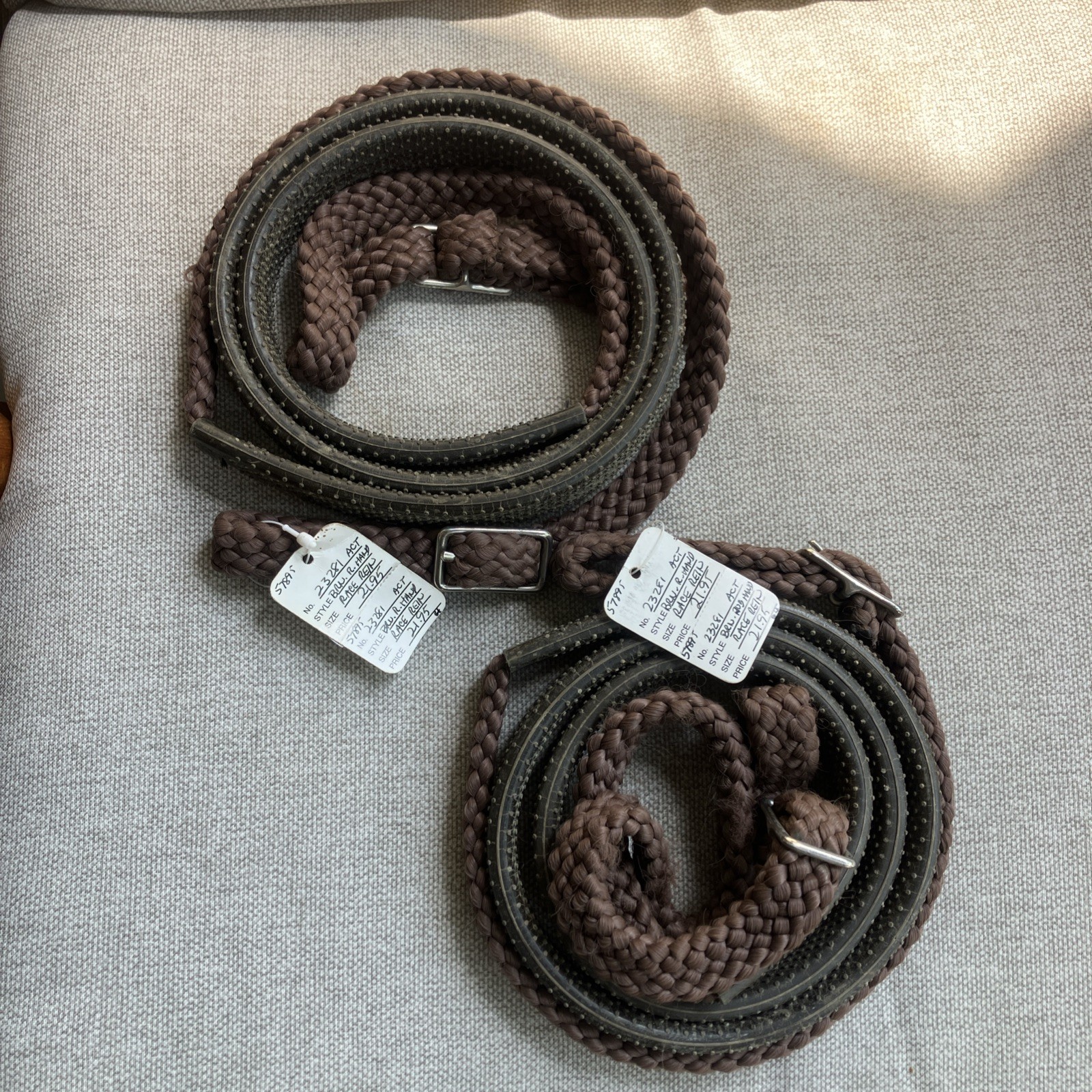 2 Braided Flat Cotton Roping Rein Rubber Grip 1" X 6+  Ft Brown | Horse Racing