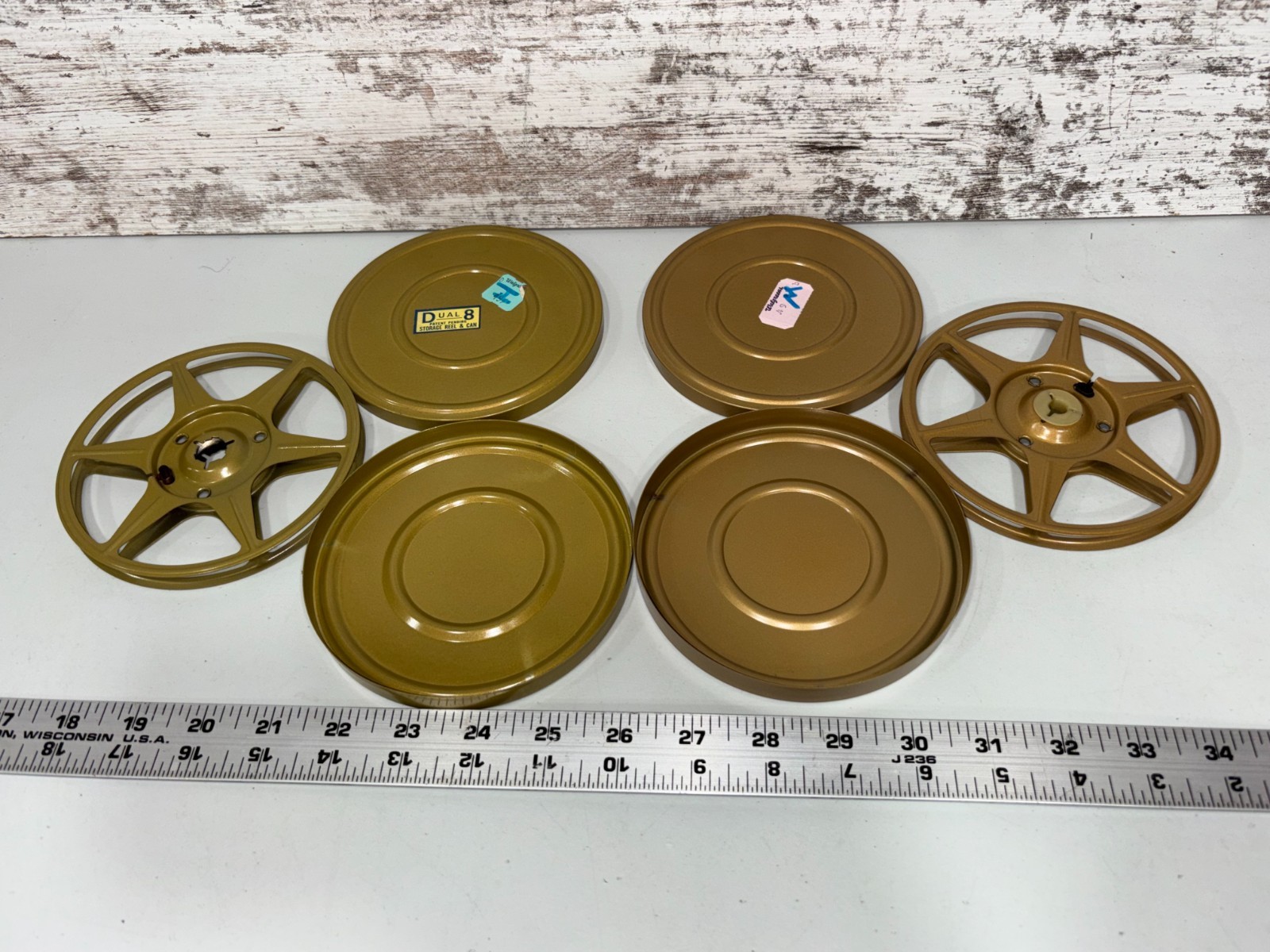 Vintage Dual 8 Metal Movie Film Storage Reels & Cans Gold Lot of 6 Walgreens