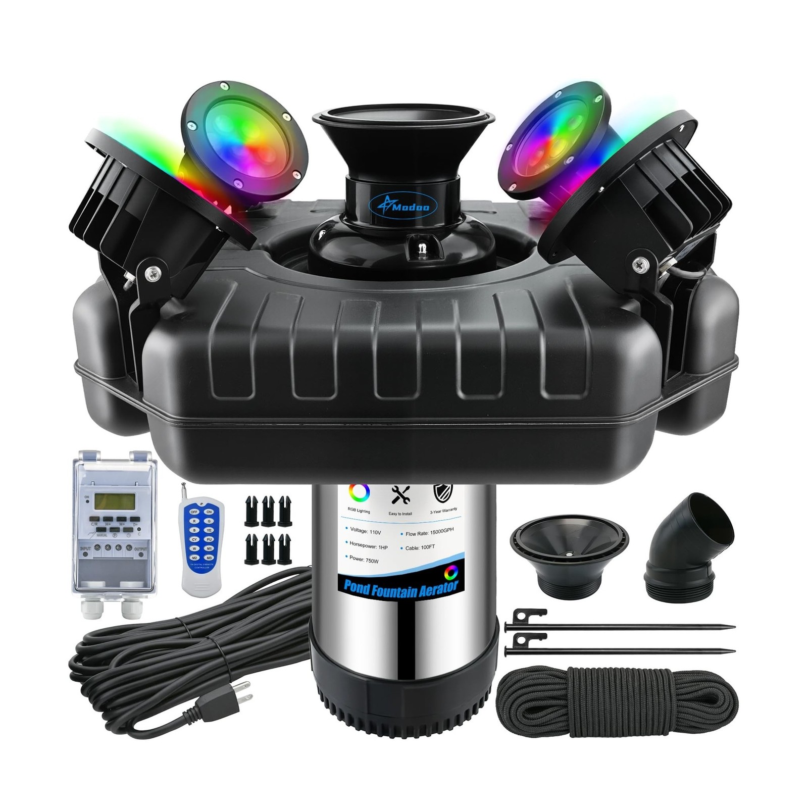 Pond Fountain Aerator with Lights Dynamic RGB Light 1HP 750W Floating Fountai...