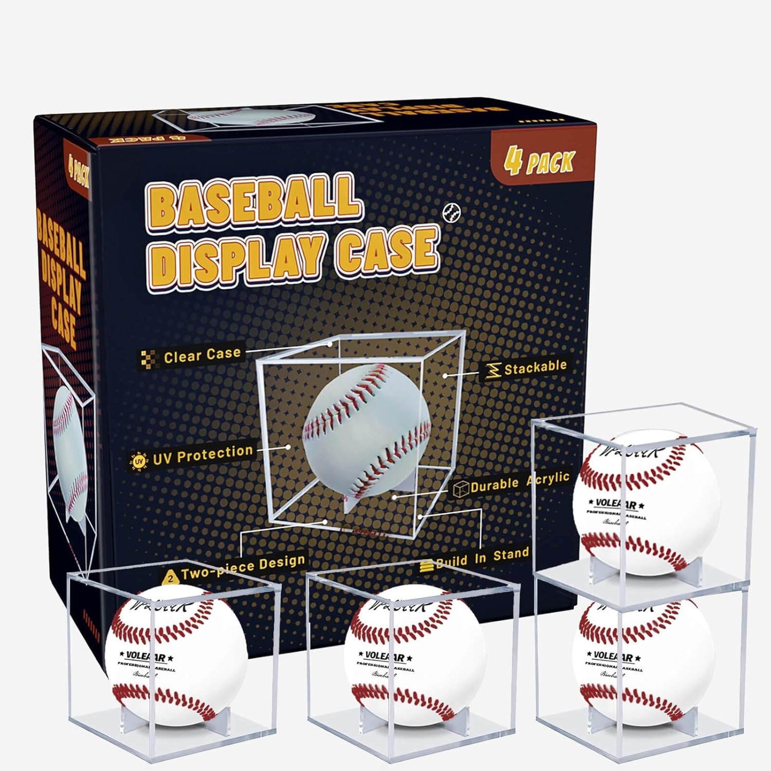 4 Pack Baseball Display Case, UV Protected Acrylic 4 PACK (Color Box), Clear