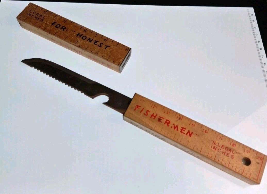 Vtg Fishing Knife Wood Ruler Handle Floats Dishonest Fishermen Japan SS Novelty