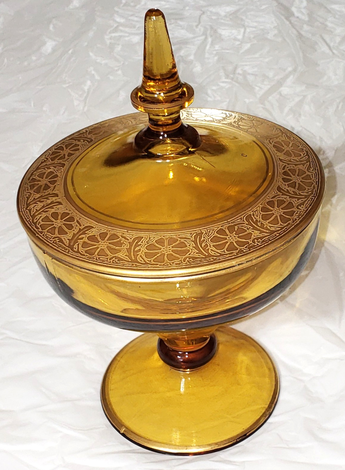 Antique Honey Amber Glass Covered Candy Dish Gold Encrusted Floral Rim 7 3/4"