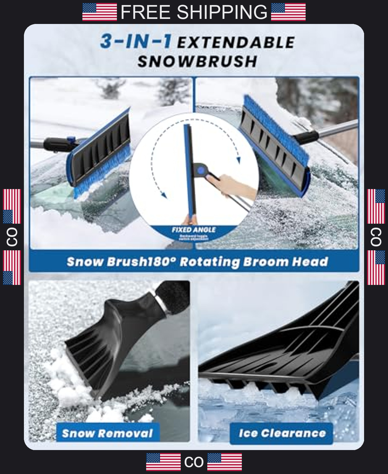 Extendable Car Snow Brush with Ice Scraper and Rotating Head